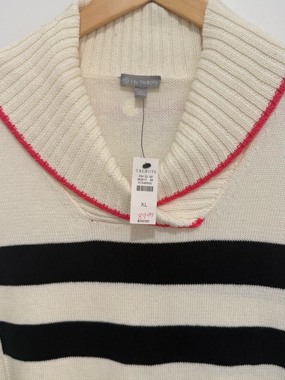 T by Talbots Cream and Navy Striped Cowl Sweater with Pink Trim NWT sz XL - Picture 3 of 10